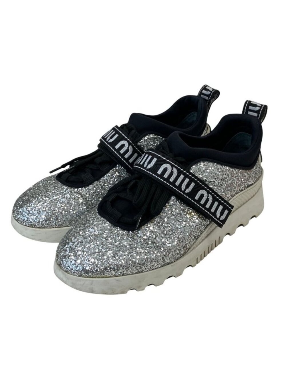 Miu Miu Logo Velcro Glitter Sneakers Silver Colored